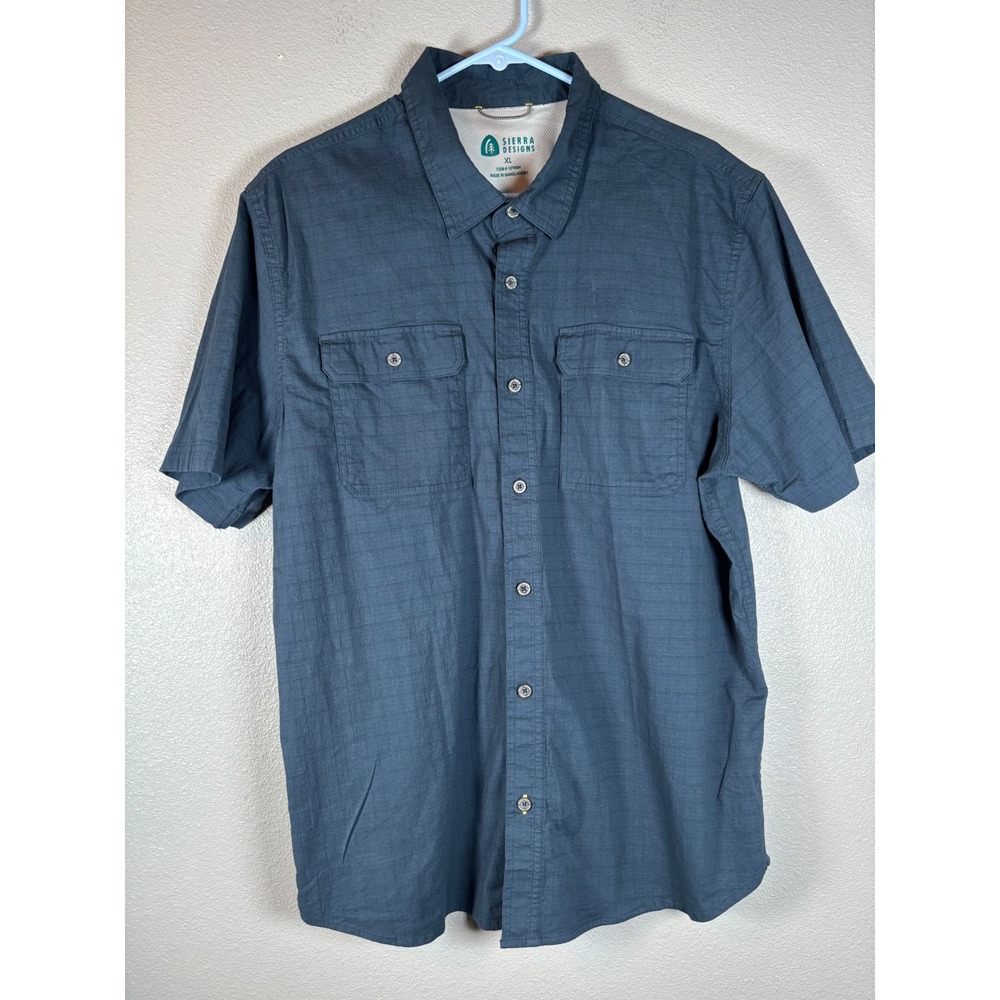 Sierra Designs Mens XL Blue Grid Short Sleeve Button Down Hiking Shirt